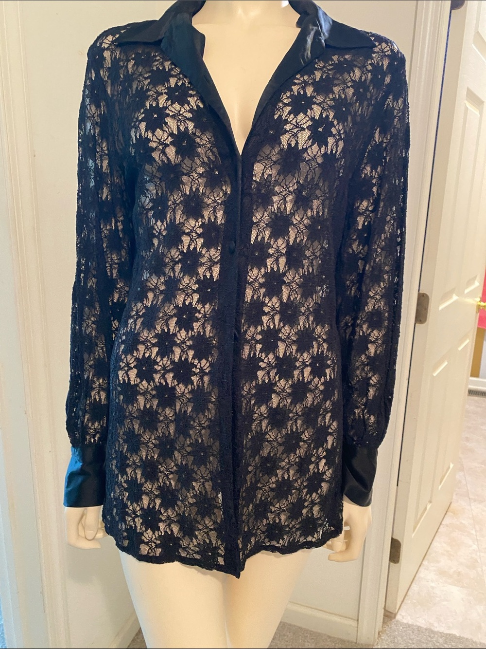 Liz Claiborne Black Sheer Lace Button-Down Shirt